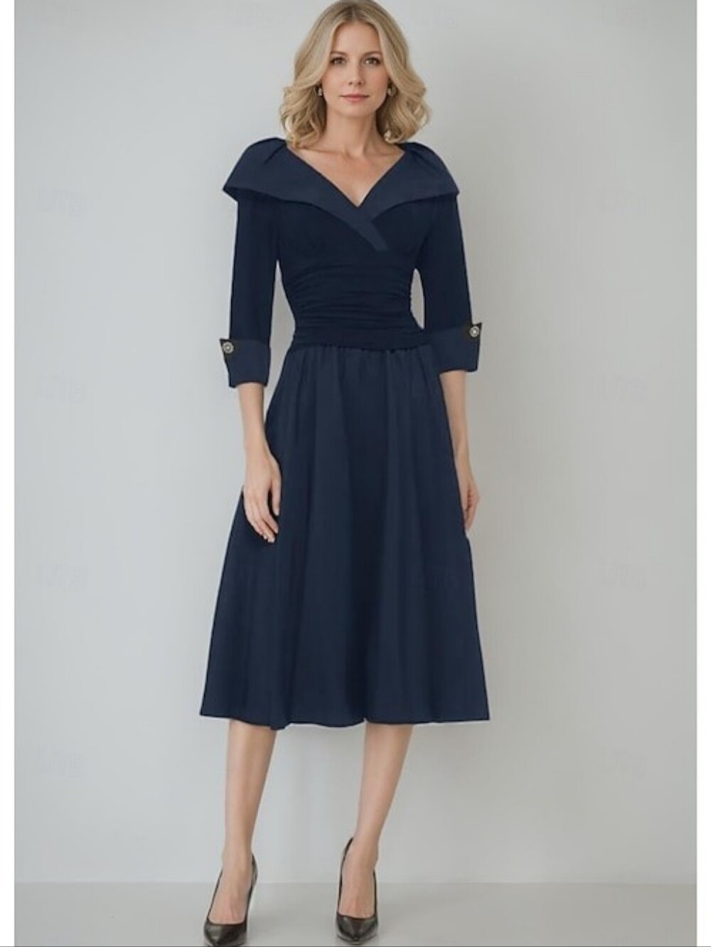 𝙀𝙡𝙞𝙯𝙖 𝙅 3/4 Sleeve Portrait Collar Ruched Fit & Flare Midi Dress